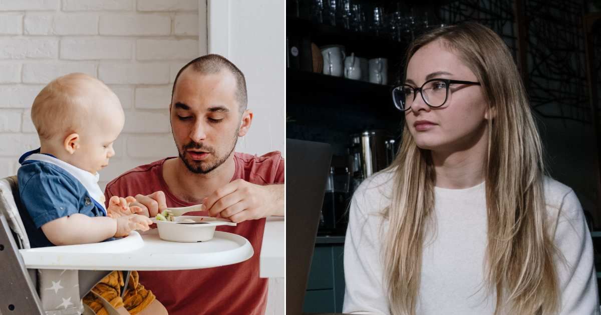 (L) Dad feeding toddler at a restaurant. (R) A woman at a restaurant looks disappointed. (Representative Cover Image Source: Pexels| L - Karola G, R - cottonbro studio)
