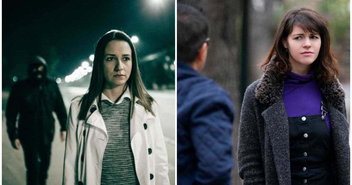 (L ) A woman walking alone being followed by a stranger ; (R) A woman staring angrily at someone (Representative Cover Image Source: Getty Images | Photo by (L) South_agency Sanameang ; (R) Innovated Captures)