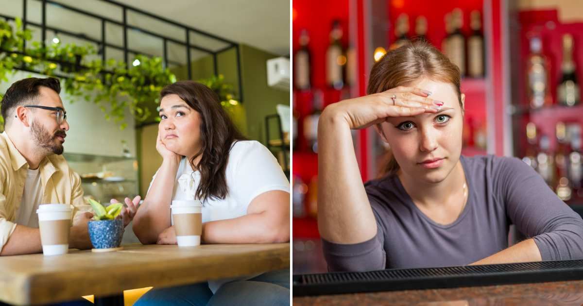 A plus size woman upset on a date (L). A bartender looking confused and judgmental (R). (Representative Cover Image Source: Getty Images | Photo by zokov and Antonio_Diaz)