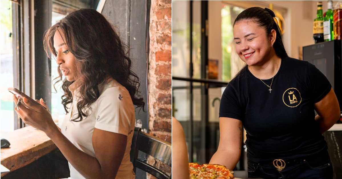 (L) A woman is sitting at a restaurant, engrossed in her phone. (R) A server smiles as she brings food to a customer's table. (Representative Cover Image Source: Pexels| L - RDNE Stock Project, R - Nano Erdozain)