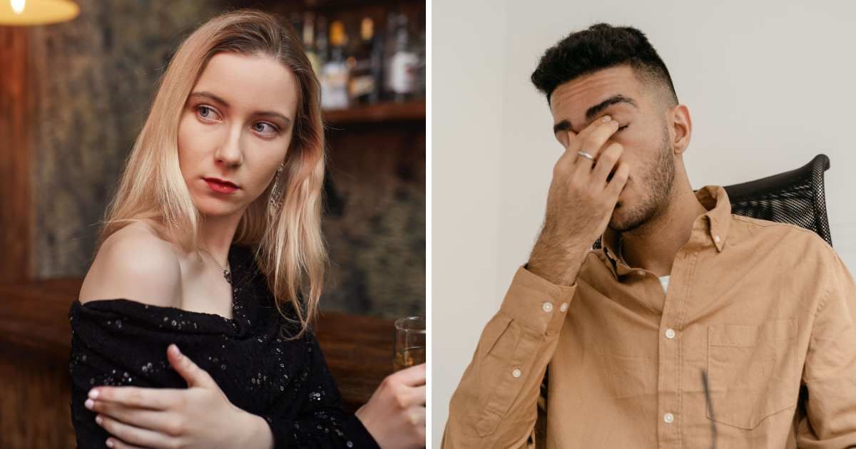 (L) Woman sitting at bar looking at someone. (R) Embarrassed man. (Representative Cover Image Source: Pexels | (L) Timofey Urov, (R) MART PRODUCTION)
