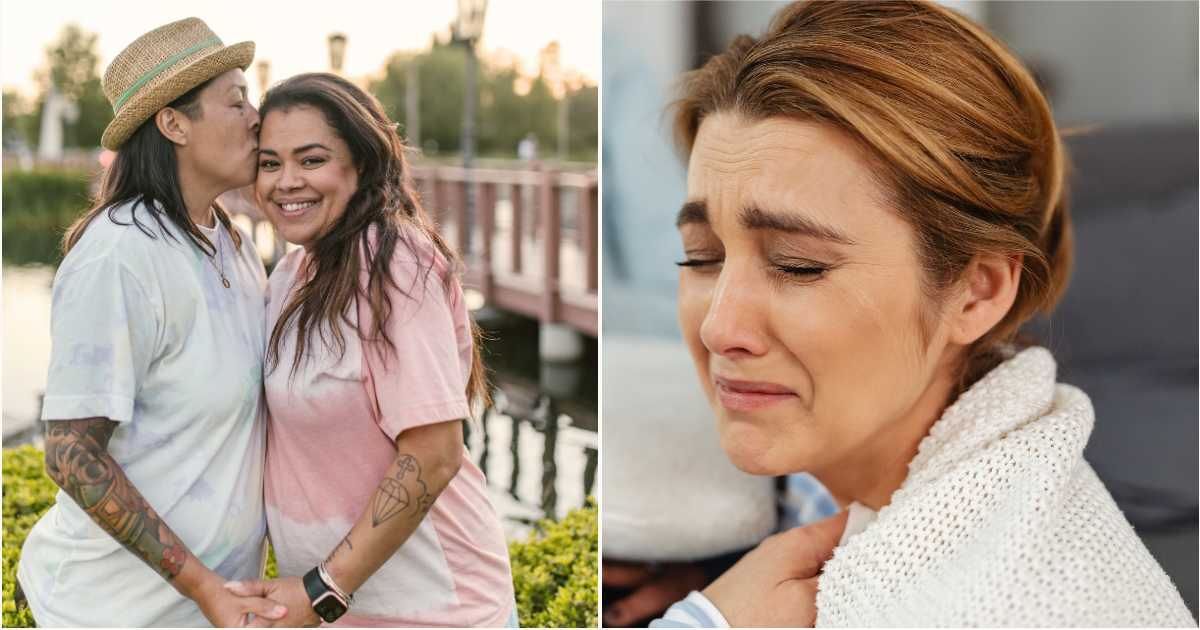 (L) A lesbian couple embracing each other. (R) A woman is sobbing. (Representative Cover Image Source: Pexels| L - RDNE Stock Project, R - Karola G)
