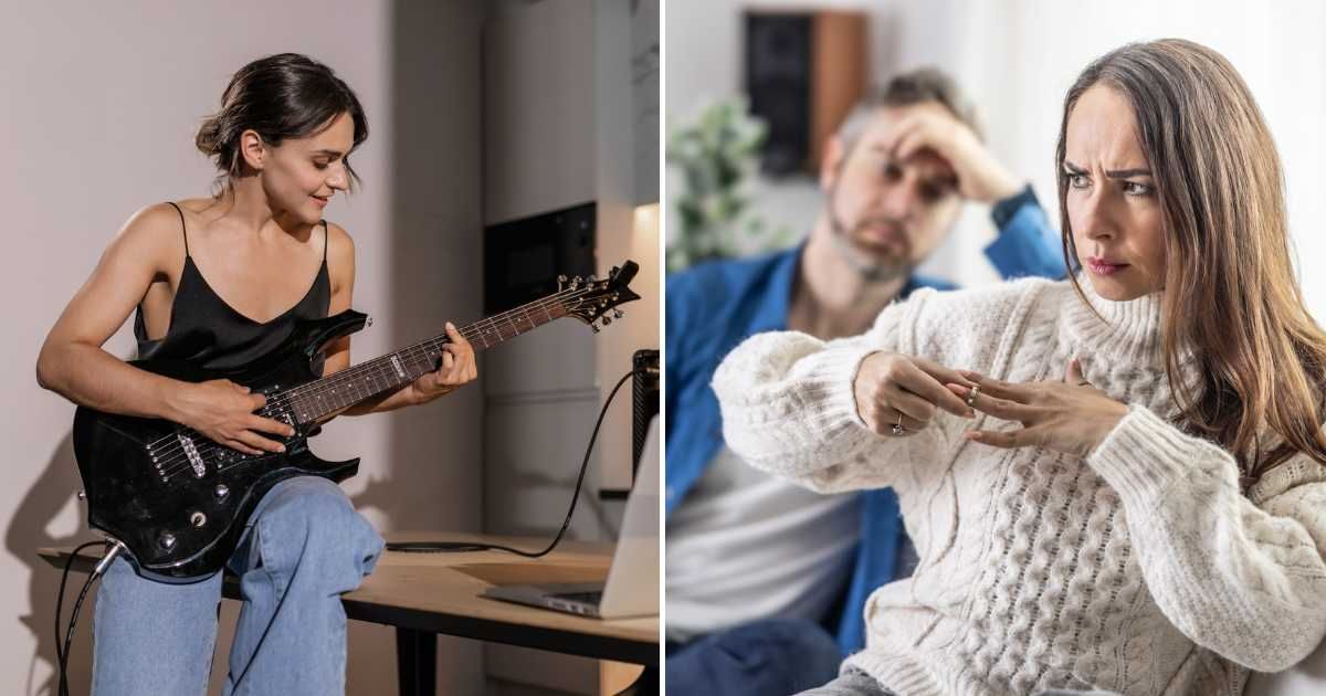 (L) A woman learning how to play a guitar. (R) A woman breaking her engagement with a man. (Representative Cover Image Source: L -Pexels | Alena Darmel, R - Getty Images| SimpleImages)