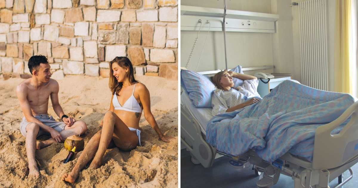 (L) A couple enjoying on the beach. (R) A woman in pain in the hospital. (Representative Cover Image Source: Pexels| L - Anna Tarazevich, R - Andrea Piacquadio)