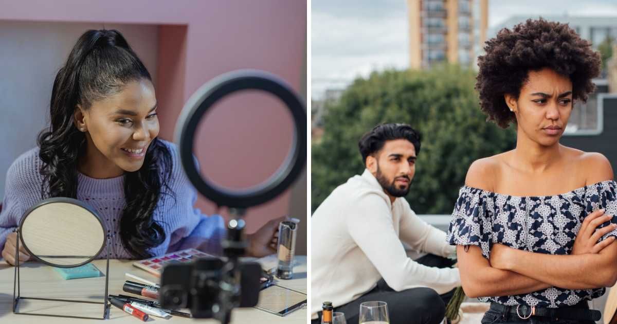 (L) Female influencer in front of camera. (R) Annoyed woman on date. (Representative Cover Image Source: Pexels | (L) George Milton, (R) Viktoria Slowikowska)