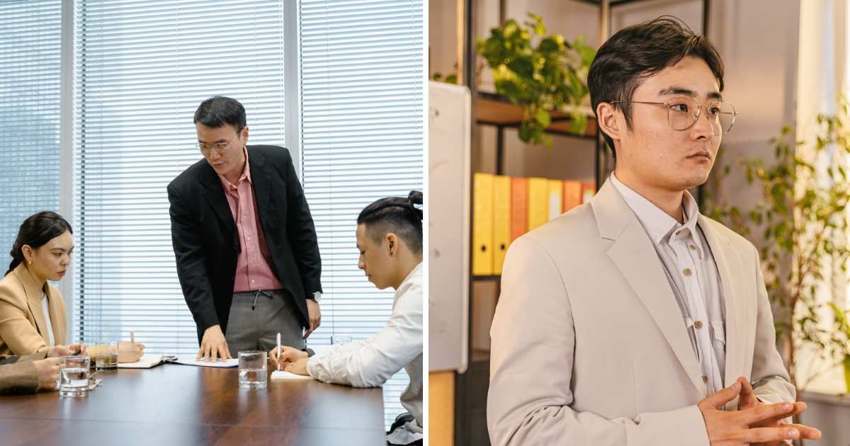 (L) Boss talking to employee in meeting. (R) Man in suit. (Representative Cover Image Source: Pexels | (L) MART PRODUCTION, (R) AI25.Studio Studio)