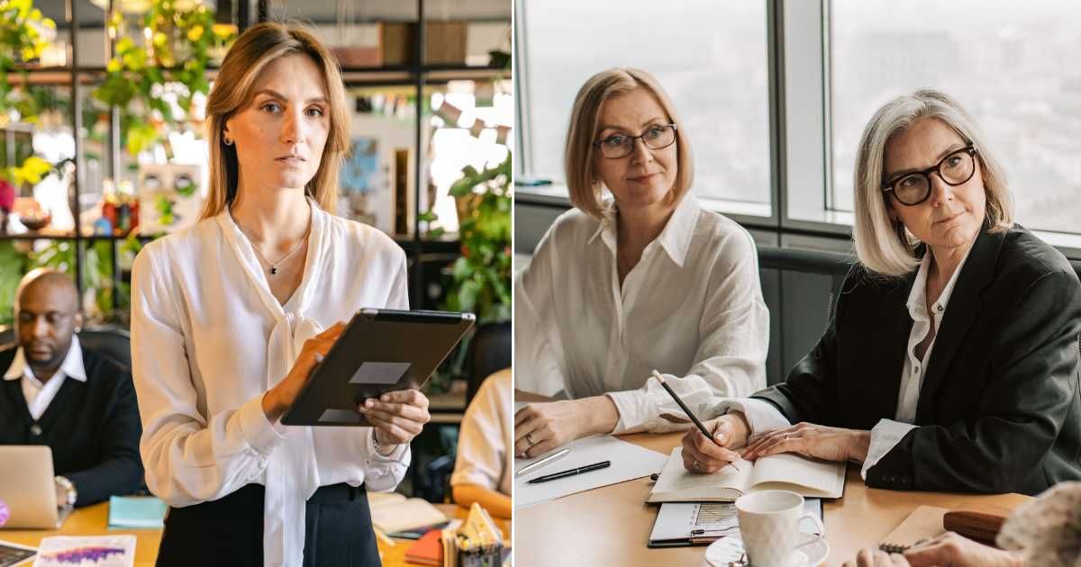 (L) A young woman looks at coworkers in the office. (R) Two senior employees scoff at a colleague. (Representative Cover Image Source: Pexels| L - AI25Studio, R - Vlada Karpovich)