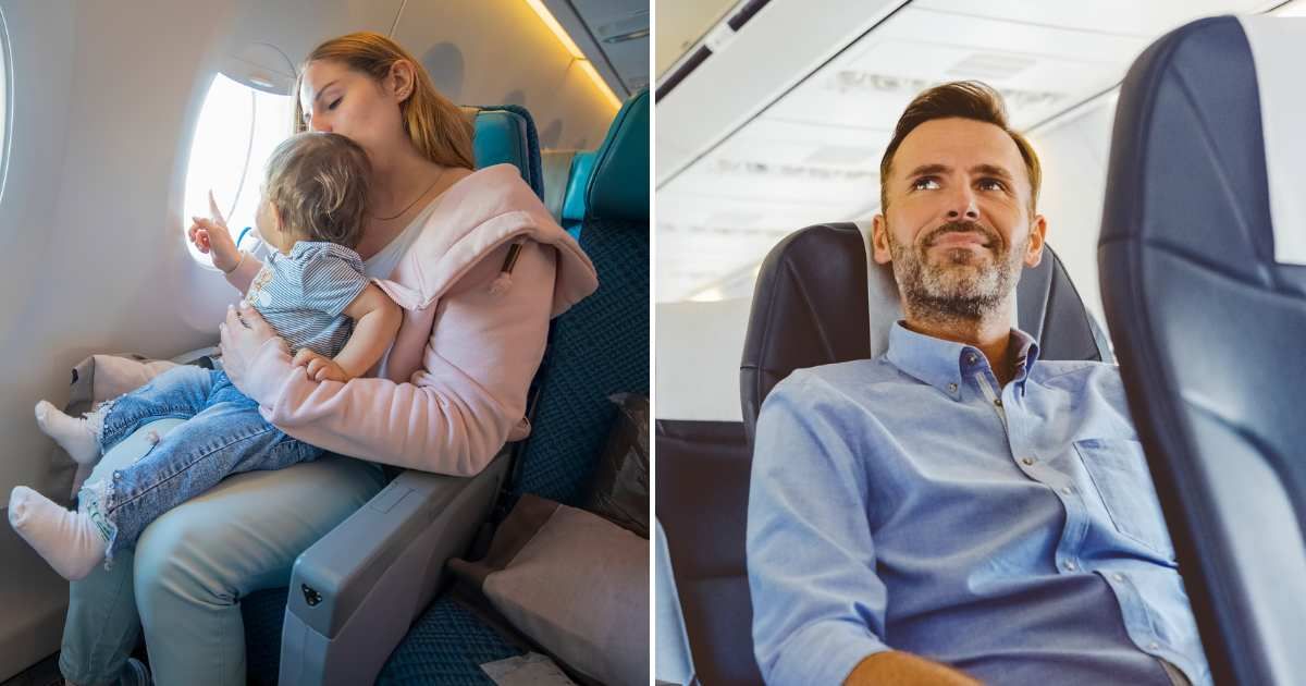 (L) A woman sitting with her kid on a plane. (R) A man happily sitting on a plane. (Representative Cover Image Source: Getty Images | L -Maria Argutinskaya, R - izusek)