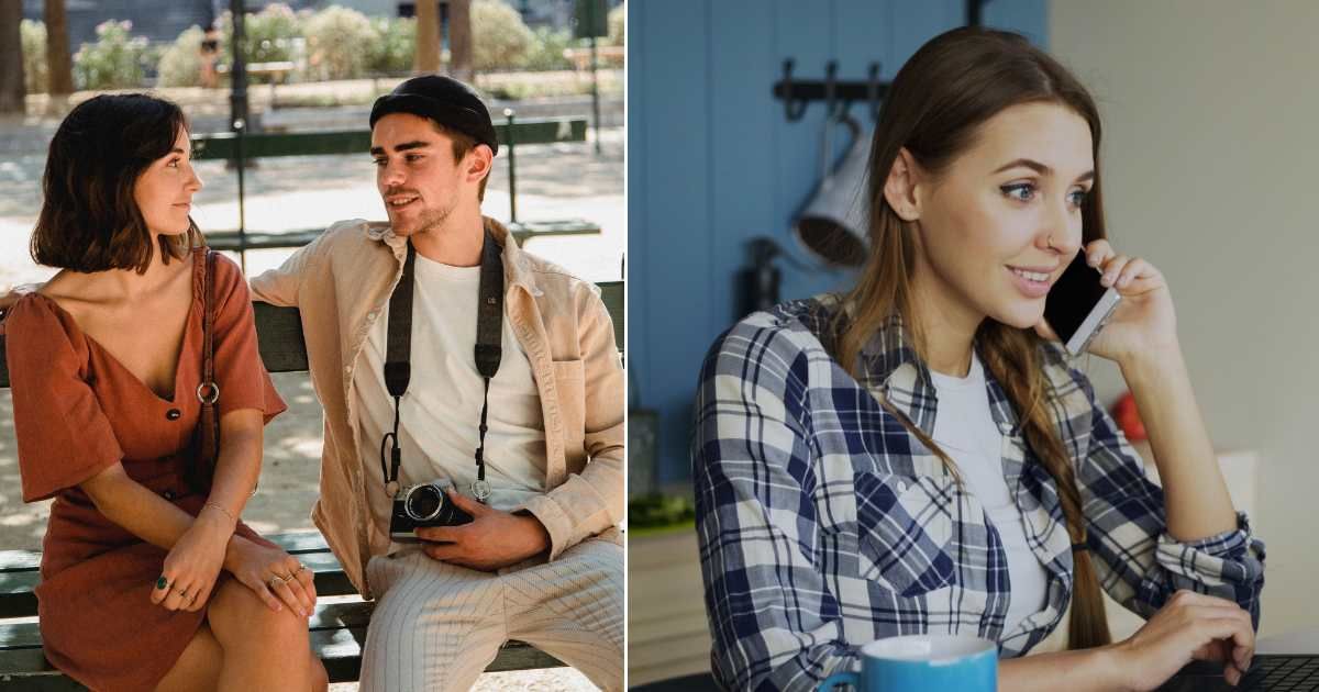 (L) A man and woman are talking. (R) A woman smiles as she speaks over the phone. (Representative Cover Image Source: Pexels| L - Bethany Ferr, R - Vitaly Griev)