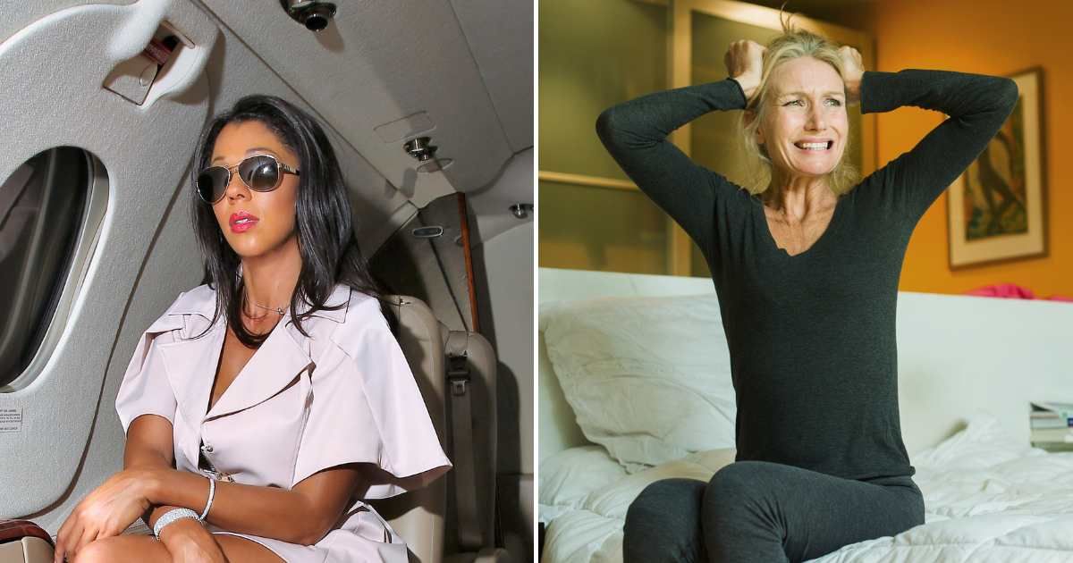 A woman sitting in business class (L). A mature woman looking angry and frustrated (R). (Representative Cover Image Source: Pexel and Getty Images | Photo by kim chiko and PhotoAlto/Frederic Cirou)