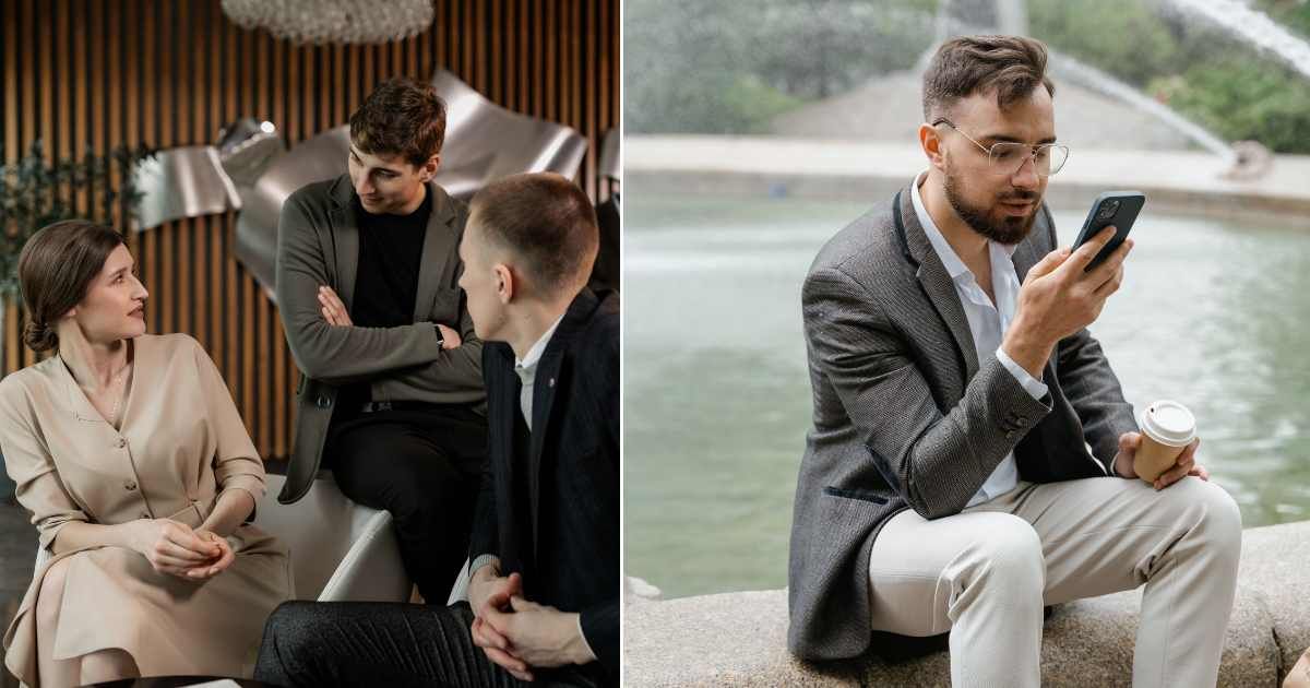 (L) Woman talking to her male colleagues. (R) A man is shocked while reading a text. (Representative Cover Image Source: Pexels| L - Alena Darmel, R - Mart Production)