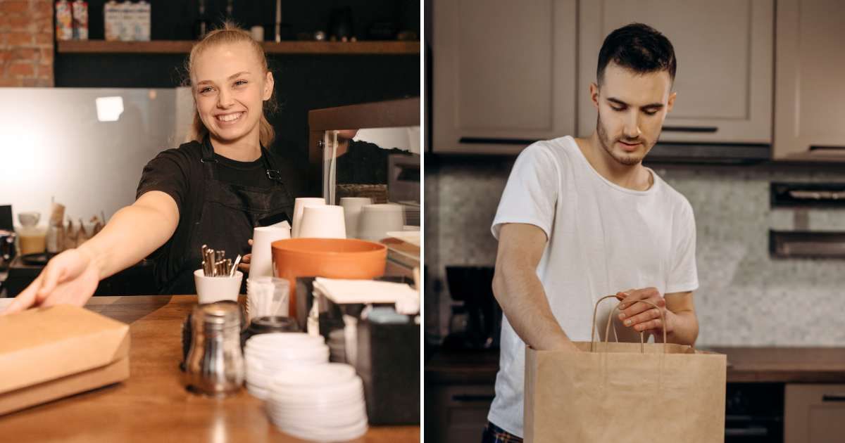 A cashier handing food (L). A man looking inside a takeout bag (R). (Representative Cover Image Source: Pexels Images | Photo by Pavel Danilyuk and  Mikhail Nilov )