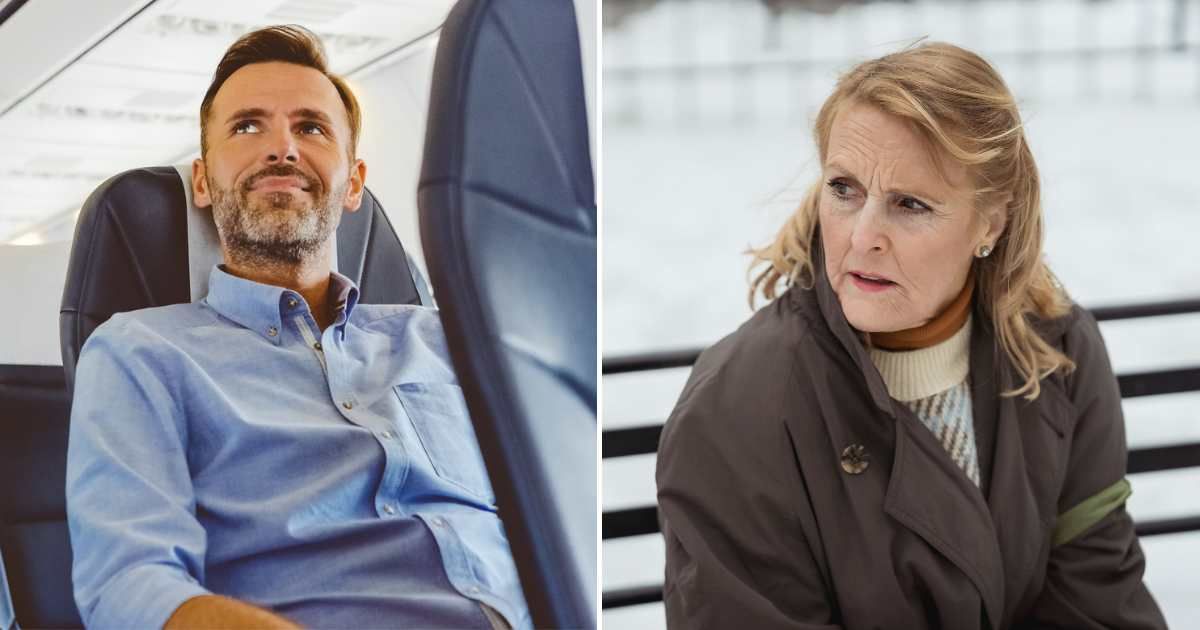  A man sitting at the aisle seat of a plane (L). A woman looking judgmental (R). (Representative Cover Image Source: Getty and Pexel Images | Photo by izusek and Teona Swift)