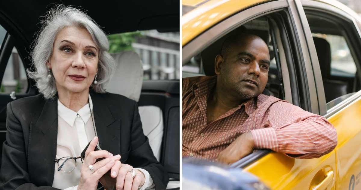(L) Old woman sitting in car backseat. (R) Uber driver. (Representative Cover Image Source: Pexels | (L) Pavel Danilyuk, (R) Tim Samuel)