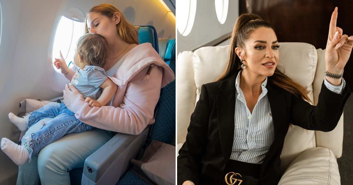 A woman sitting with her child in an airplane (L). A woman in business class is calling for help (R). (Representative Cover Image Source: Getty and Pexel Images | Photo by Maria Argutinskaya and RDNE Stock project)