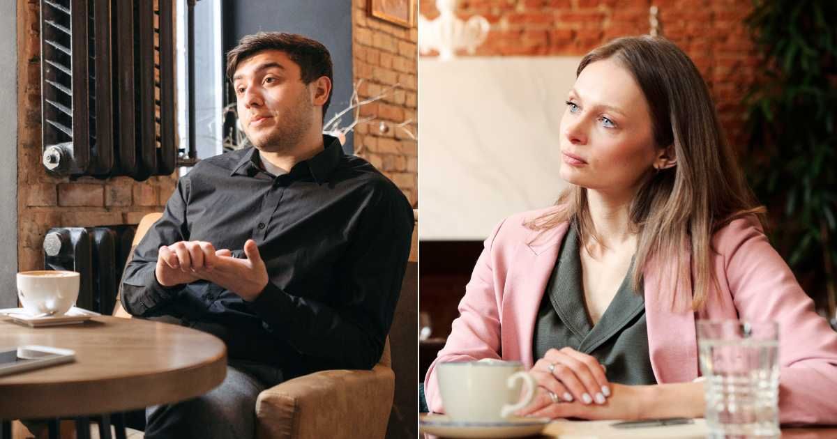 (L) A man is flaunting while speaking at a restaurant. (R) A woman looks disappointed and annoyed. (Representative Cover Image Source: Pexels| L - Pavel Danilyuk, R - Edmond Dantes)