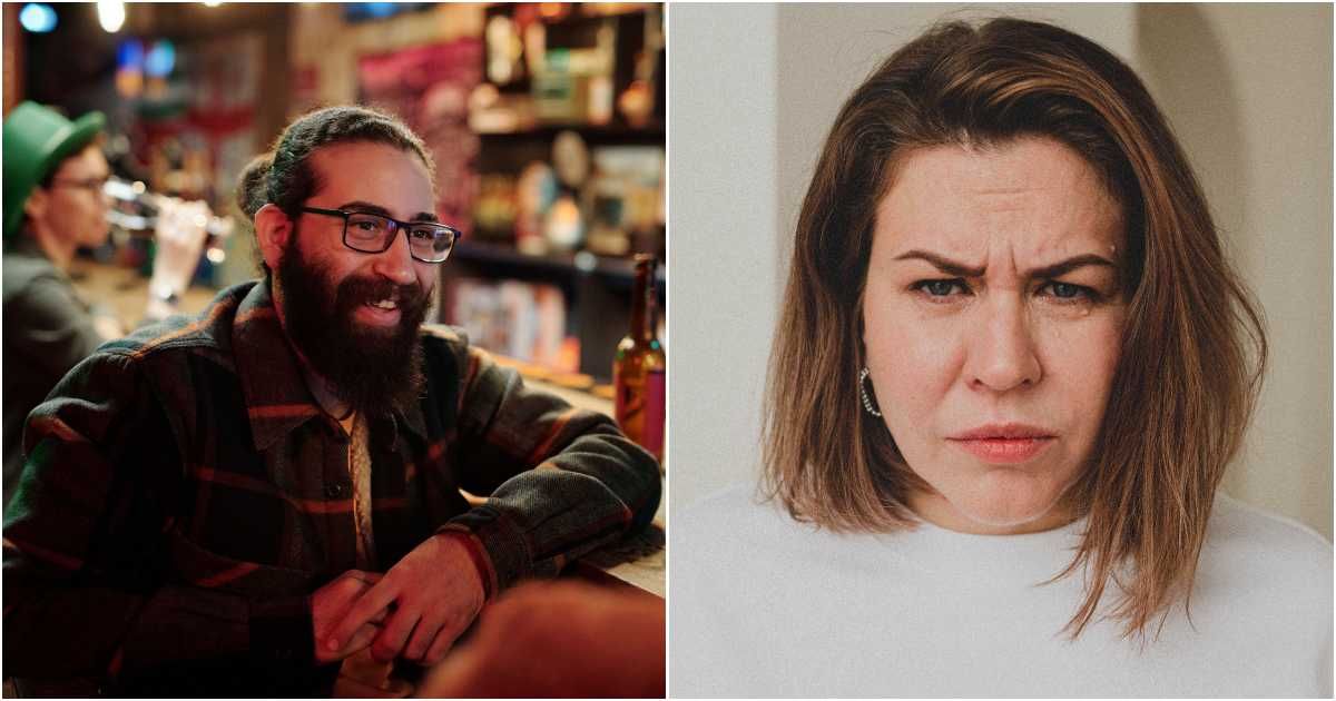 (L) A man is making small talk at a bar. (R) An offended woman looks with anger and confusion. (Representative Cover Image Source: Pexels| L - Darlene Alderson, R - Yulia Polyakova)