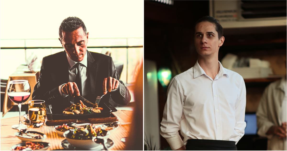 (L) A man is eating a lavish meal. (R) A waiter standing and looking pensive. (Representative Cover Image Source:  Pexels| L - cem zaloğlu, R - Murat IŞIK)