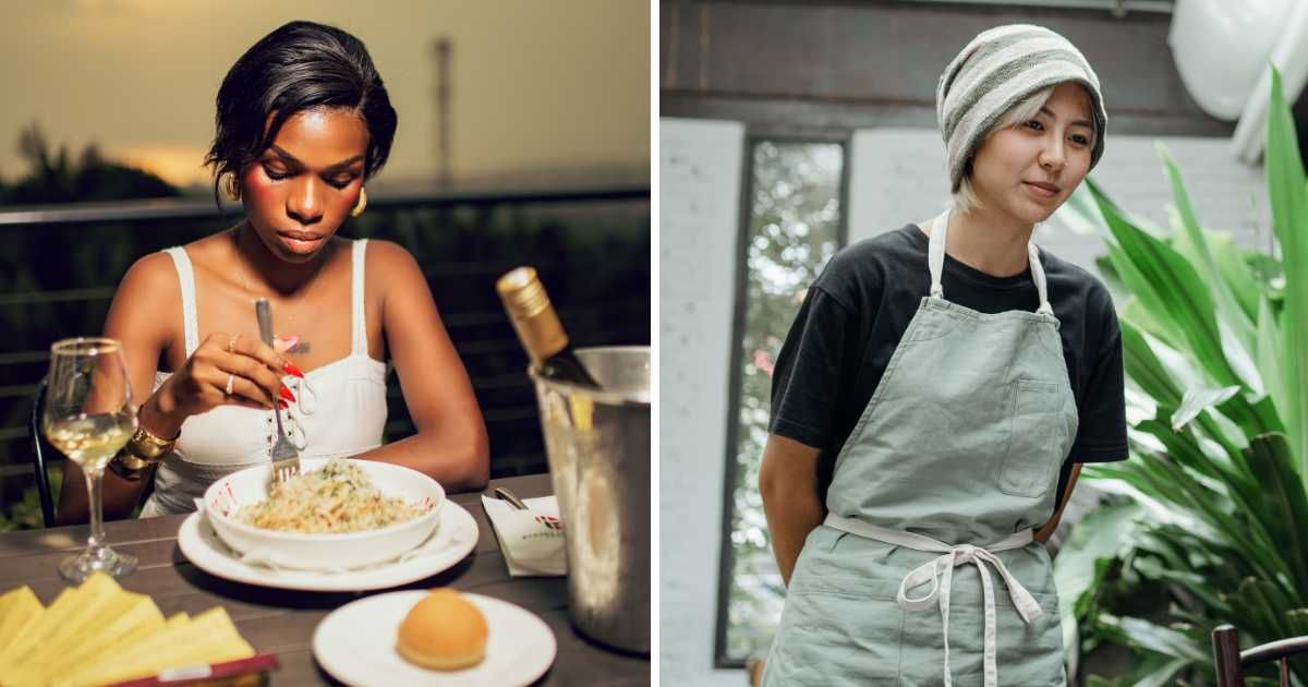 (L) Embarrassed woman puts her head down while eating at a restaurant. (R) Waitress gives a reluctant smile. (Representative Cover Image Source: Pexels | (L) K Studio, (R) Ketut Subiyanto)