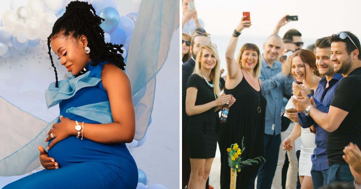 (L) Pregnant woman posing at baby shower. (R) Surprised guests. (Representative Cover Image Source: Pexels | (L) Obidee media . Jacob, (R) Taha Samet Arslan)