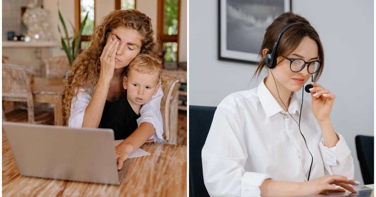 (L ) A tired mother with her toddler during a meeting ; (R) A woman attending an interview (Representative Cover Image Source: Pexels | Photo by (L) Yan Krukau; (R) Mart Production)