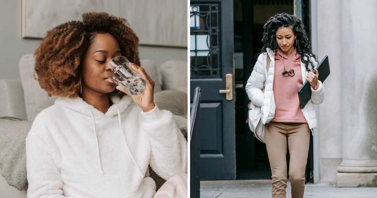 (L) Woman drinking water. (R) Woman walking. (Representative Cover Image Source: Pexels | (L) Vlada Karpovich, (R) Keira Burton)