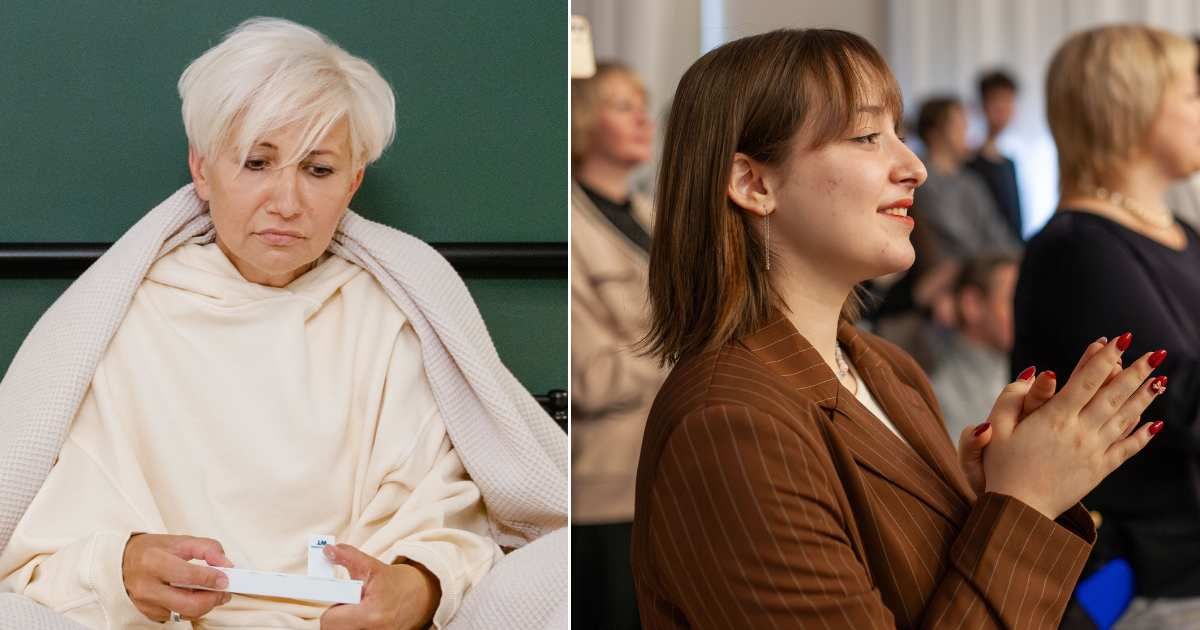 (L) An elderly woman feeling sick. (R) People applauding in unison. (Representative Cover Image Source: Pexels| L - Tima Miroshnichenko, R -  Михаил Крамор)
