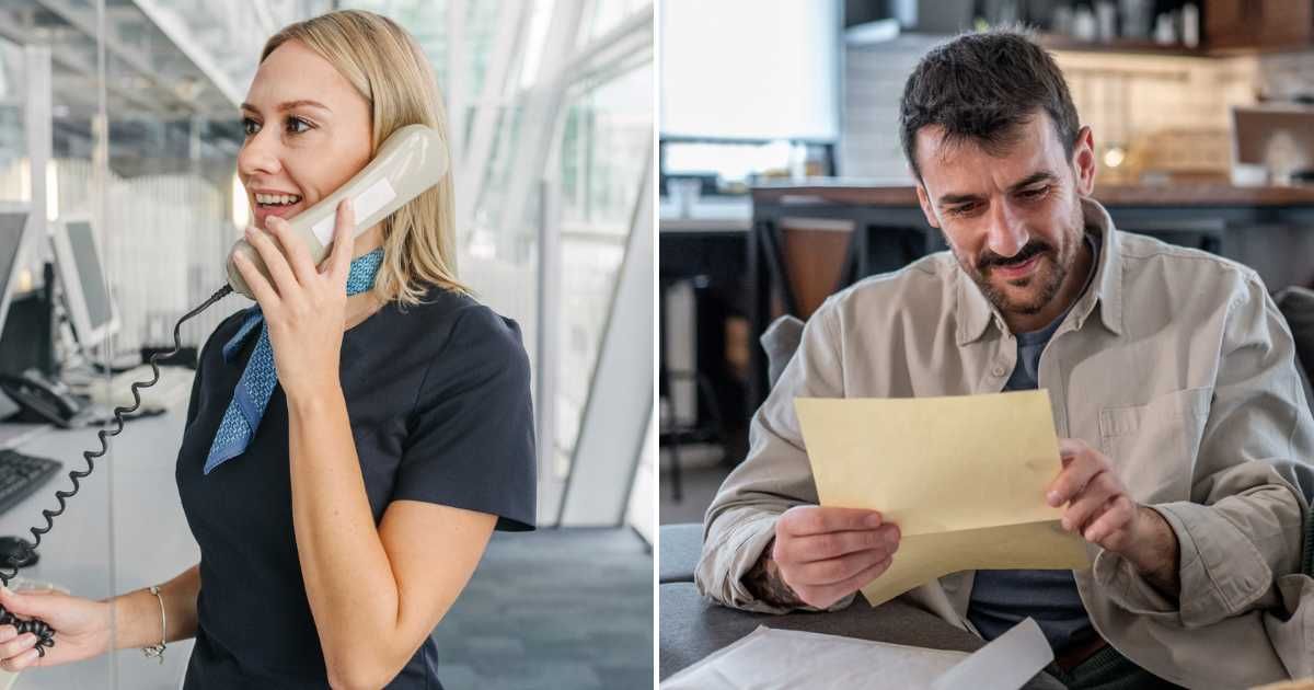 (L) A cabin crew member speaking into a device. (R) A man reading a note and smiling. (Representative Cover Image Source: L - Pexels | photobyphotoboy, R - Getty Images| Mirjana Pusicic)