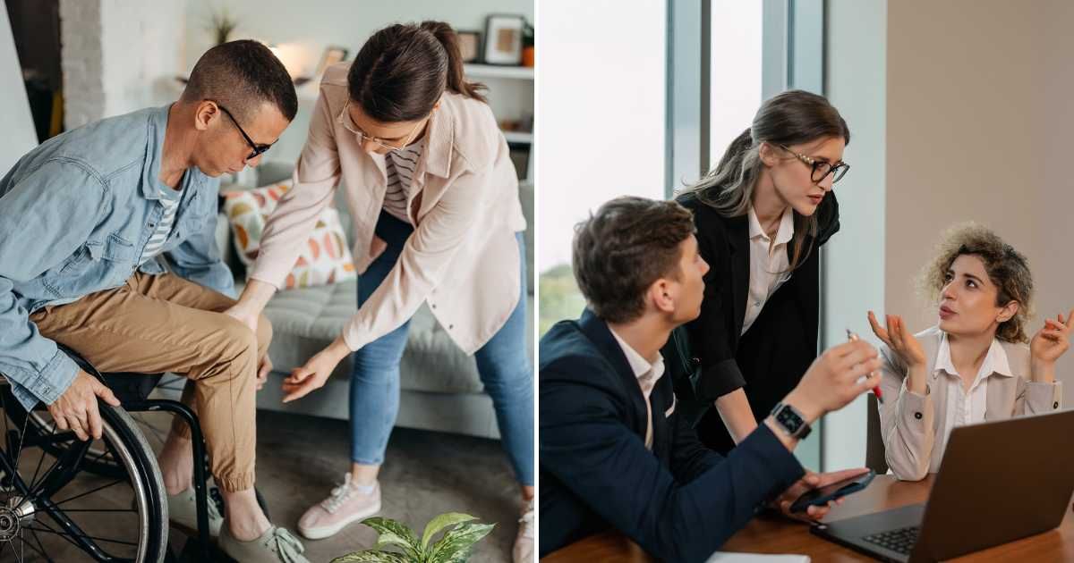 A woman taking care of a man in a wheelchair (L). A coworker talking rudely to a colleague (R). (Representative Cover Image Source: Getty and Pexel Images | Photo by enigma_images and Alena Darmel)