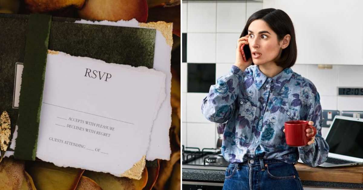 A wedding invitation RSVP card (L). A woman visibly confused and shocked over a call (R) (Representative Cover Image Source: Getty Images | Photo by madisonwi and 10'000 Hours)