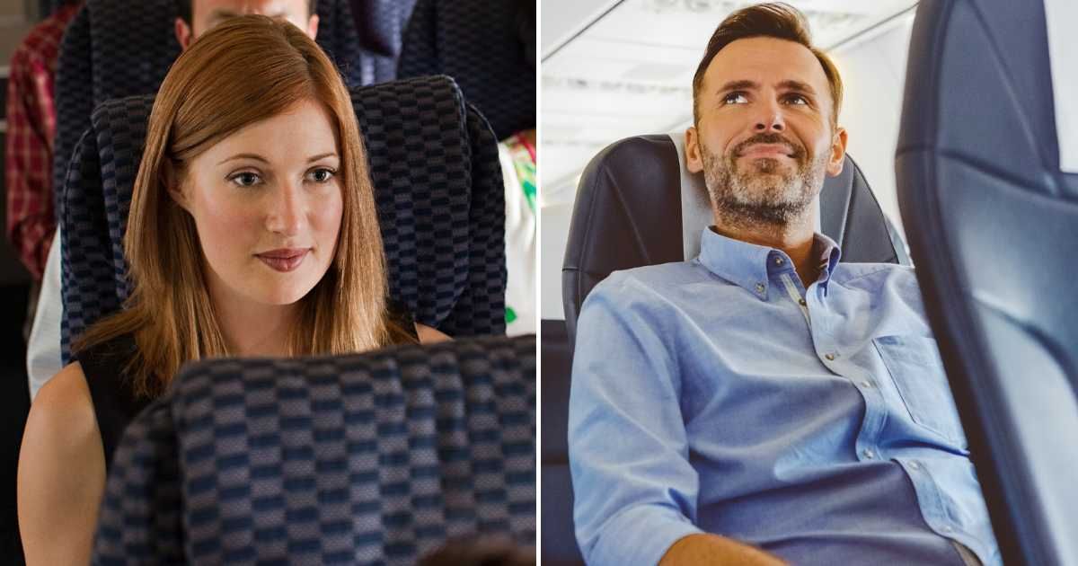 Woman looking up from an aisle seat of a plane (L). A man looking happy, sitting in the aisle seat (R). (Representative Cover Image Source: Getty Images | Photo by Image Source and izusek)