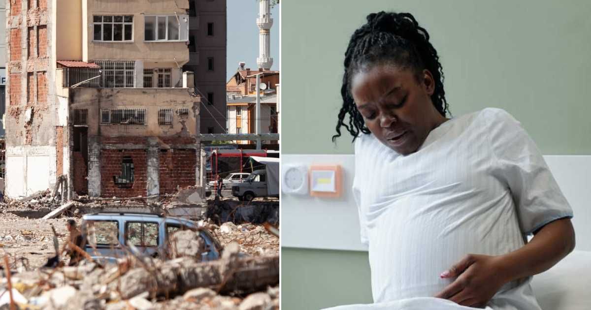 (L) Debris after an earthquake. (R) A pregnant woman in labor. (Representative Cover Image Source: L - Pexels| Seyfettin Geçit, R - Getty Images | Photo by shironosov) 