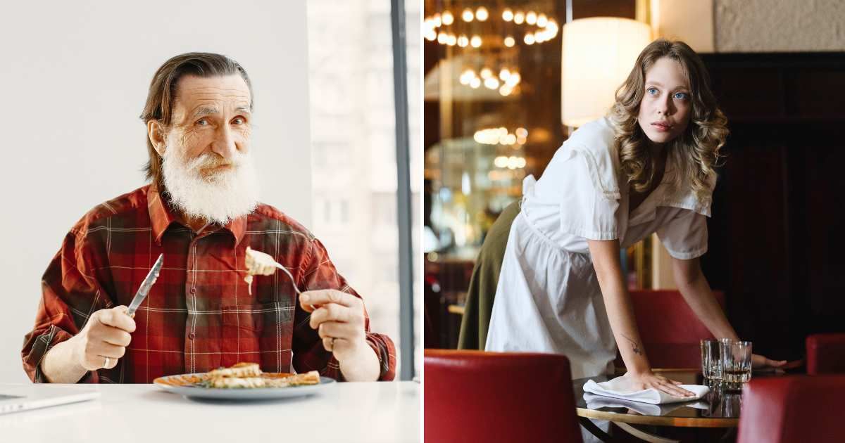 (L) An elderly man eating at a restaurant. (R) A server looking confused at someone. (Representative Cover Image Source: Pexels| L - Gustavo Fring, R - cottonbro studio)