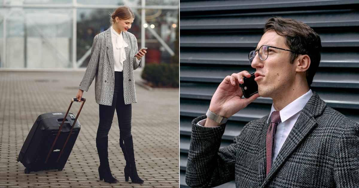 (L) A woman looks relieved as she texts on her phone while waiting at the airport. (R) A professional speaking on the phone. (Representative Cover Image Source: Pexels| L - Gustavo Fring, R - AI25Studio)