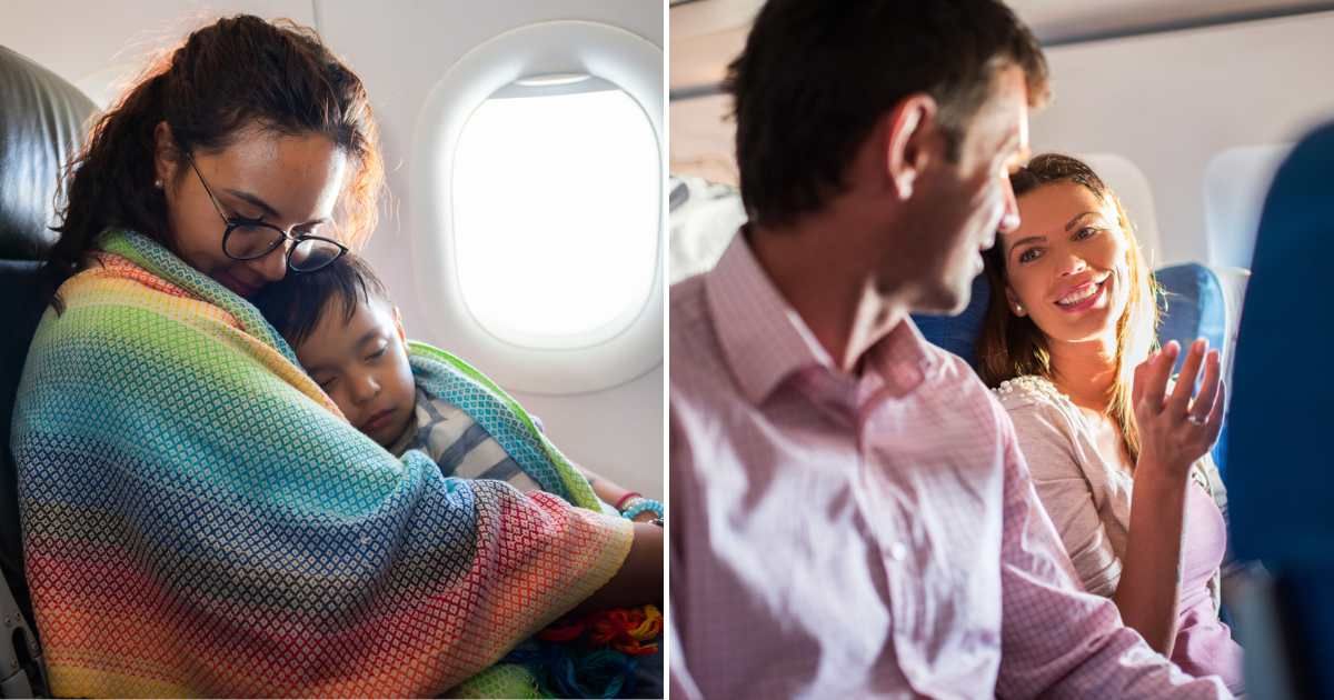 (L) A woman sitting with her toddler son on a plane. (R) A passenger is speaking with a stranger on a plane. (Representative Cover Image Source: Getty Images | L - Gerardo Huitrón, R - BraunS)