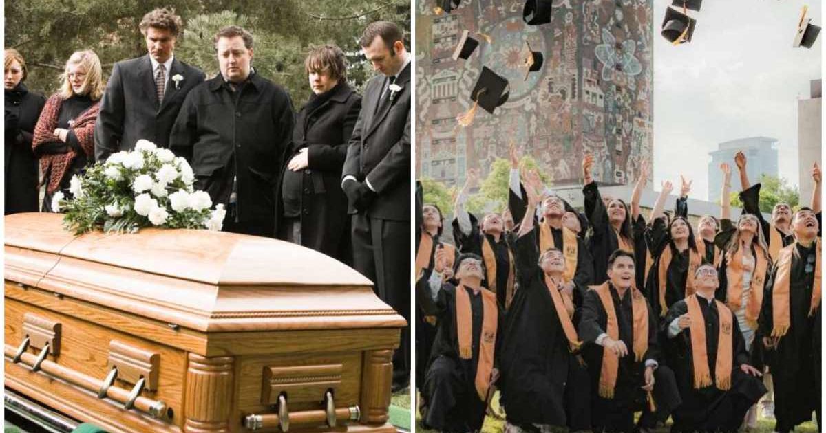 (L) Loved ones grieving at a funeral ; (R) A graduation ceremony (Representative Cover Image Source: (L) Getty Images| Rubberball Productions, (R) Pexels| Ulises Peña)