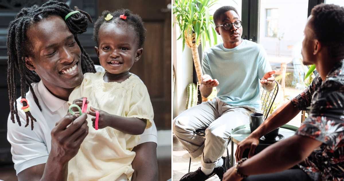 (L) A man playing with his baby daughter. (R) Two men are having a heated discussion (R). (Representative Cover Image Source: Pexels Images | Photo by Sasha Kim and Thirdman)