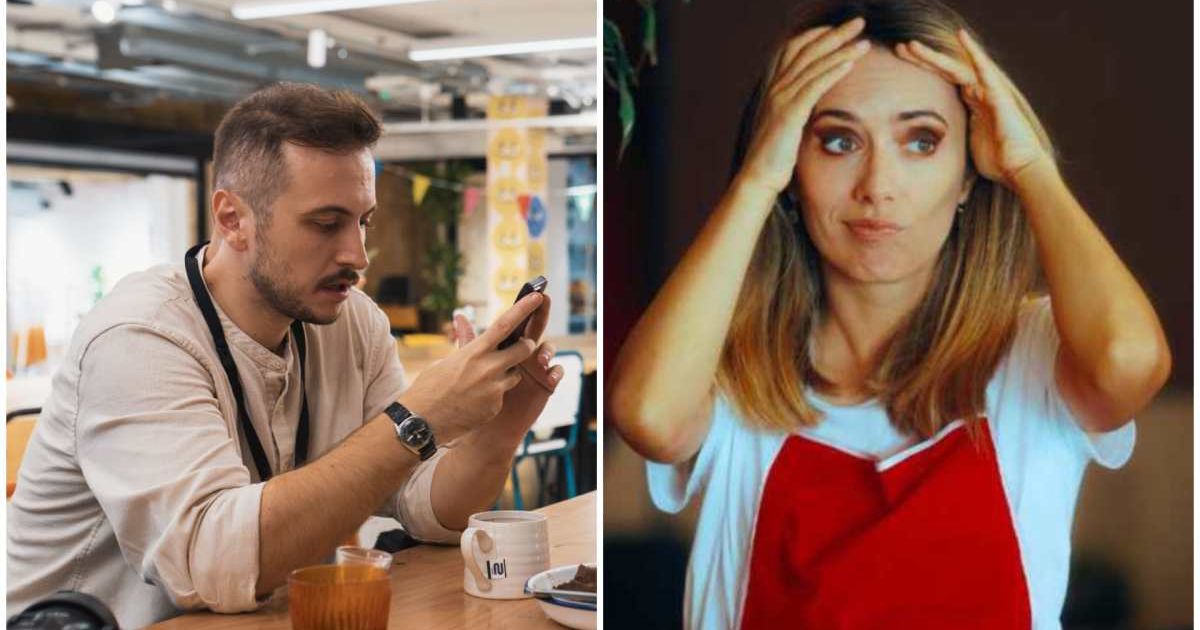 (L) A man using his phone at a restaurant ; (R) A waitress looks confused. (Representative Cover Image Source: L - Pexels| Matheus Bertelli, R - Getty Images| nicoletaionescu)  