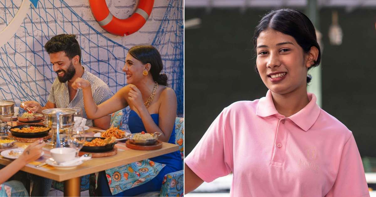 (L) Group of friends having food. (R) A waitress smiles. (Representative Cover Image Source: Pexels | (L) vii wolves, (R) Anil Sharma)
