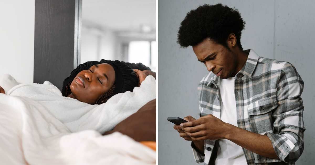 (L) Woman peacefully sleeping. (R) Man using phone. (Representative Cover Image Source: Pexels | (L) PNW Production, (R) cottonbro studio)