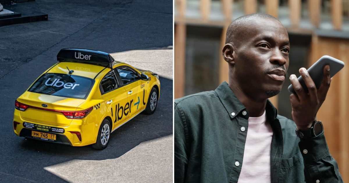 (L) Uber cab. (R) Worried man on call. (Representative Cover Image Source: Pexels | (L) Aleksandr Sochnev, (R) Theo Decker)