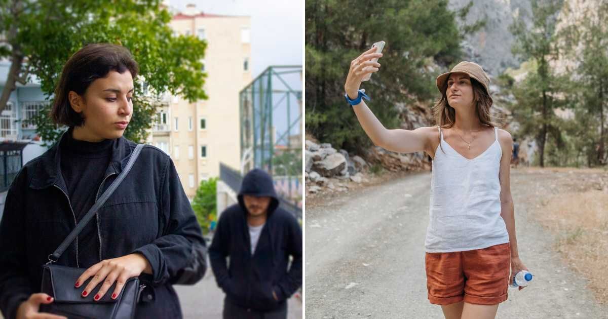 A woman being followed by a man (L). A woman filming herself (R). (Representative Cover Image Source: Getty Images | Photo by volkan cakirca and Pavel Danilyuk)