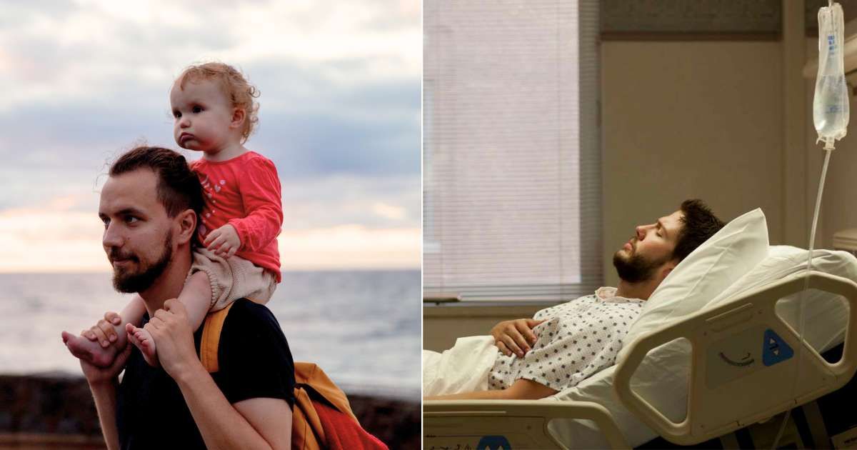 (L) Dad is carrying his toddler on his shoulders during an outing. (R) A man resting on a hospital bed with his eyes closed. (Representative Image Source: L - Pexels| Tatiana Syrikova, R - Getty Images | David Sacks)