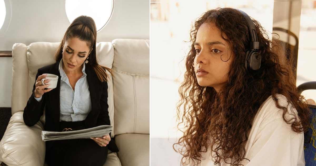 (L) A woman in a first-class seat is engrossed in her beverage and reading. (R) A woman grumbles as she sits quietly in her seat. (Representative Cover Image Source: Pexels| RDNE Stock Project, R - Darina Belonogova)