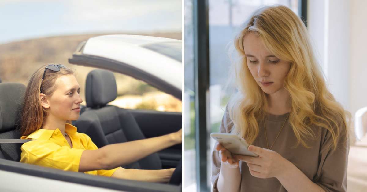 (L) Woman driving car. (R) Woman looking at phone. (Representative Cover Image Source: Pexels | (L) Andrea Piacquadio, (R) Anastasia Shuraeva)