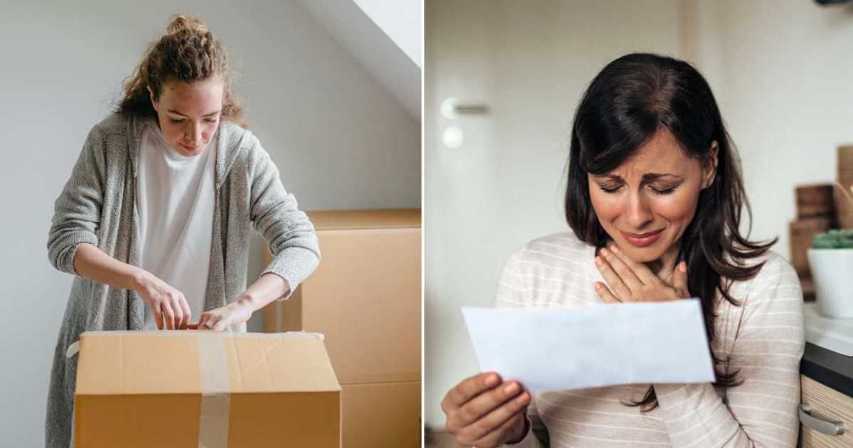 A woman opening a box (L). A woman crying after reading a note (R). (Representative Cover Image Source: Pexels and Getty Images | Photo by Ketut Subiyanto and nortonrsx)