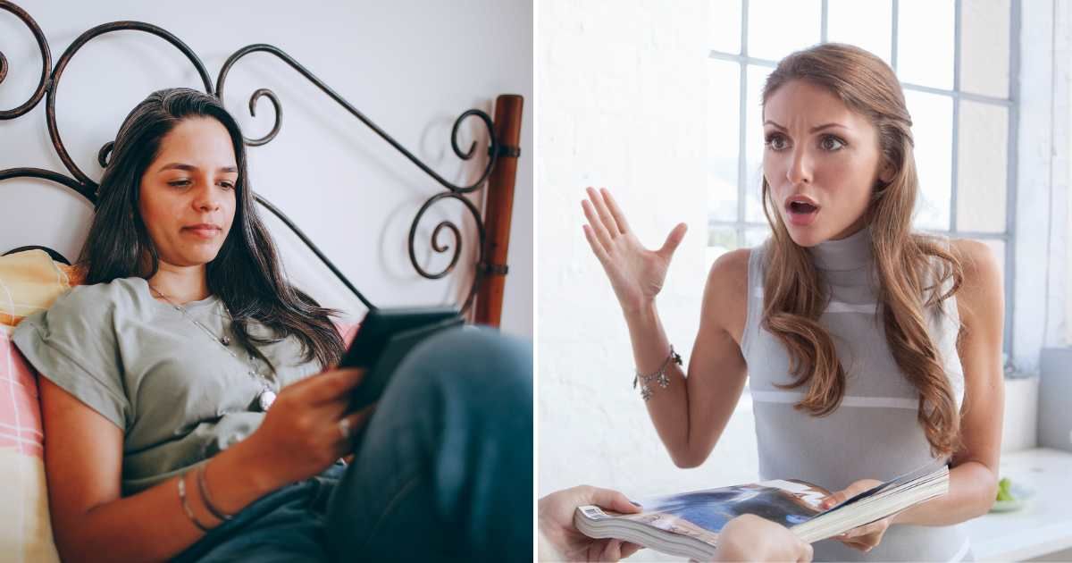 A woman lounging and reading from her Kindle (L). A woman looking angry and irritated (R). (Representative Cover Image Source: Pexel and Getty Images | Photo by  Helena Lopes and GretaMarie)
