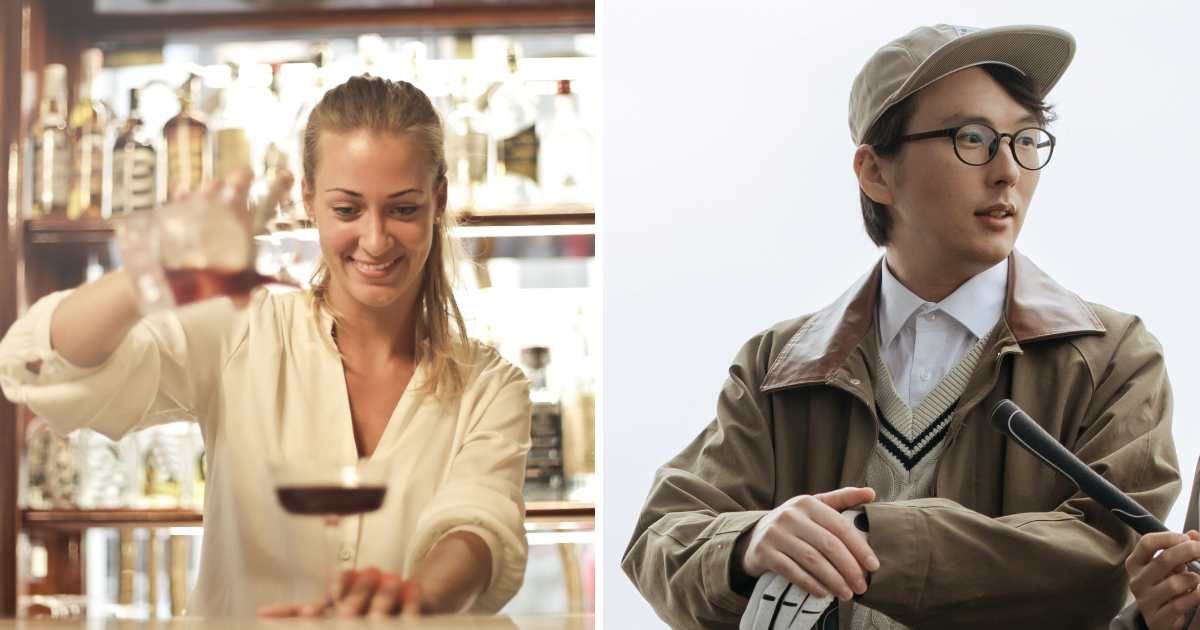 (L) Female bartender making drink. (R) Man at golf course speaking to someone. (Representative Cover Image Source: Pexels | (L) Andrea Piacquadio, (R) cottonbro studio)