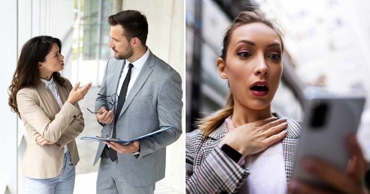 (L) Colleagues discussing something serious. (R) A woman is in shock after seeing something on the screen. (Representative Cover Image Source: Getty Images | momcilog, R -Pexels| Zorica Nastasic)