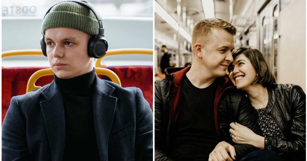 (L) A man seated in a train looks disappointed ; (R) A couple in a train (Representative Cover Image Source: Pexels |(L) Mart Production ; (R) Johnathan Borba)